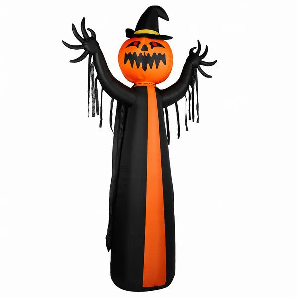 10ft Inflatable Halloween Decor With Rotatable Head Pumpkin Ghost In Cape, 6 Built-in LED Lights, Black & Orange, 12V 2000mA US Power Adapter