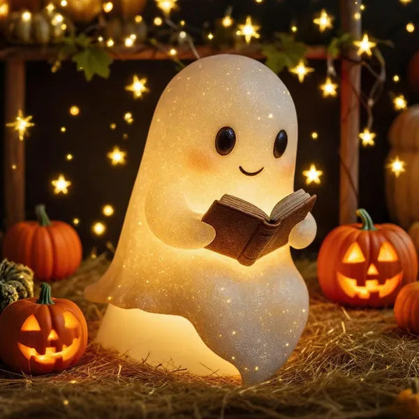 Cute Ghost Reading Book Lamp, 6-Inch Warm LED Night Light, Halloween Decor for Bedroom, Shelf, Mantel or Table