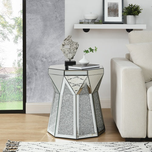Coffee Table with Mirror Crystal Inlay in a Drum Style, Polygonal Silver Decorative Table, Modern Design Luxury Modern Furniture, Low Coffee Table, Suitable for Living Room