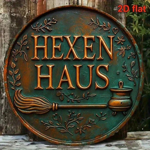 Vintage Witch's House 8x8 Inch Round Aluminum Sign, Gothic Halloween Wall Art, French Decorative Plaque for Living Room Home Decor