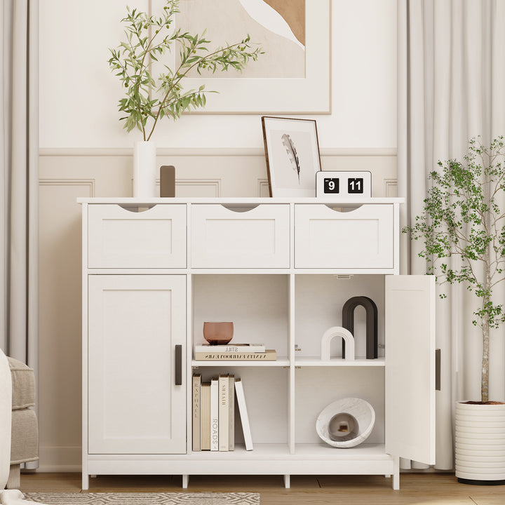 White Storage Cabinet with Drawers & Adjustable Shelves – Buffet, Coffee Bar & Bedroom Organizer
