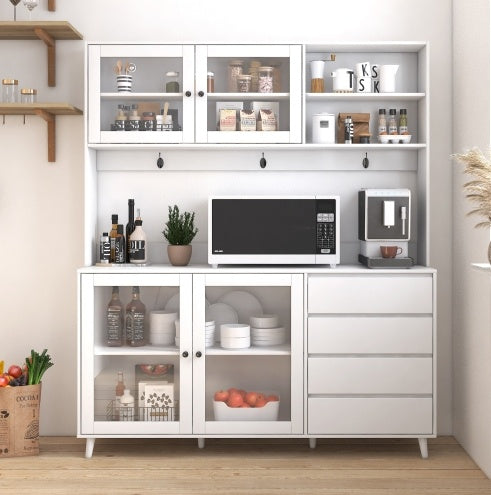 Large Kitchen Hutch Cabinet, Freestanding Pantry Cabinets Storage Kitchen Cupboard With 4 Doors, 4 Drawers & Microwave Shelf, White