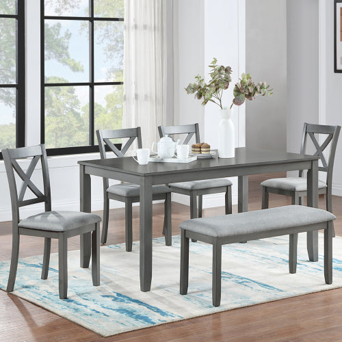 6-Piece Gray Dining Set for 6 with Rectangular Wood Table, 4 Upholstered Chairs & Bench