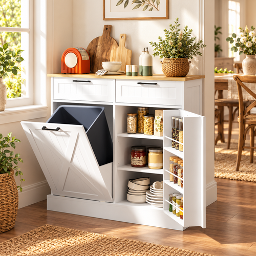10 Gallon Farmhouse Kitchen Cabinet with Hidden Trash Can and 2 Drawers, Tilt Out Trash Can Cabinet for Kitchen, White