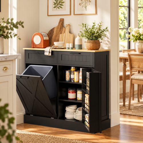 10 Gallon Farmhouse Kitchen Cabinet with Hidden Trash Can and 2 Drawers, Tilt Out Trash Can Cabinet for Kitchen, Black
