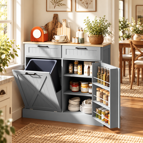 10 Gallon Farmhouse Kitchen Cabinet with Hidden Trash Can and 2 Drawers, Tilt Out Trash Can Cabinet for Kitchen, Gray
