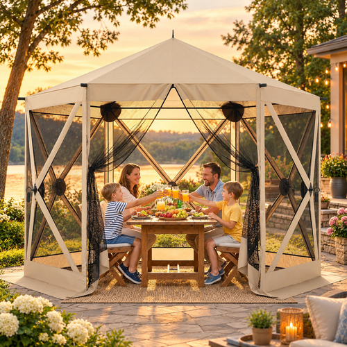 10 x 11 ft Pop Up Gazebo Screen Tent, Portable Instant Camping Canopy Screen House with Nettings, Carry Bag, Beige
