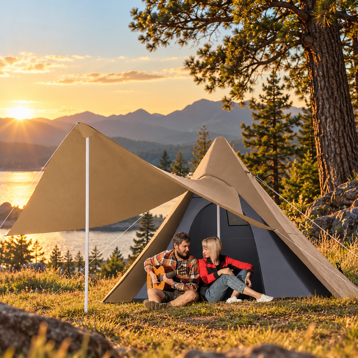 15.4x15.4x8.5 Teepee Tent, Waterproof Camping Tent with Porch Area, Floor and Carry Bag, for 2-3 Person Outdoor Backpacking Camping Hiking, Coffee