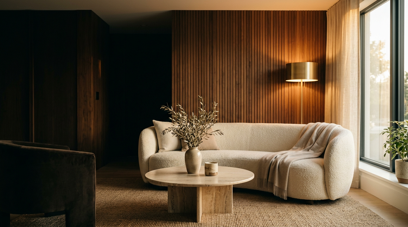 Warm, sunlit luxury living room with a cream boucle sofa, travertine table and brass lamp