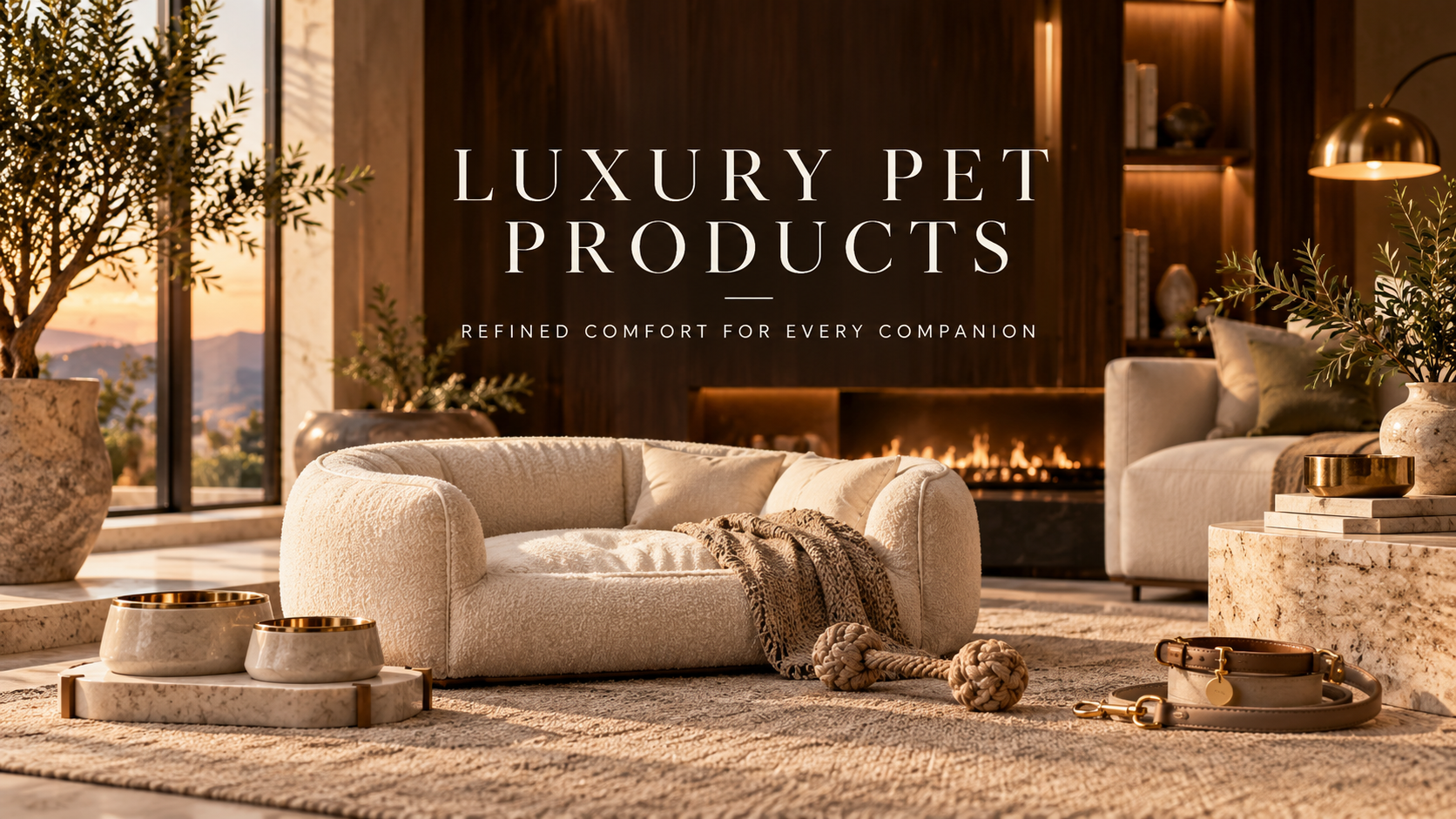Curated luxury pet beds and accessories in a warm modern interior