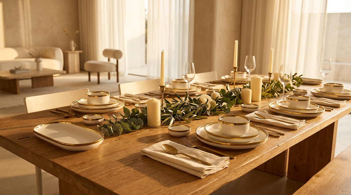 A long dinner table set for guests in warm golden-hour light