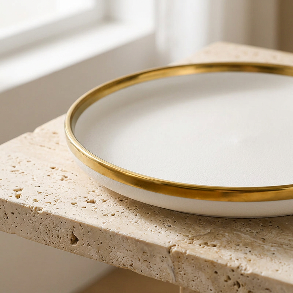 Close-up of a white ceramic plate with a polished gold rim on stone
